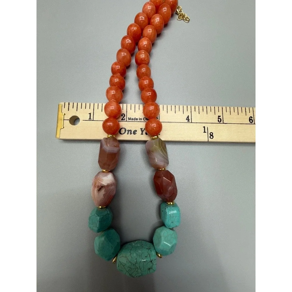 Beaded Necklace 18" Apricot Agate Turquoise Dyed Howlite Colorful Stones Heavy - Picture 11 of 12